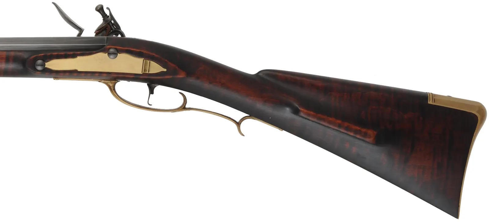 Colonial Longrifle,
.58 caliber,  43-1/2" swamped barrel, 
round faced flintlock, curly maple, brass,
new, unfired