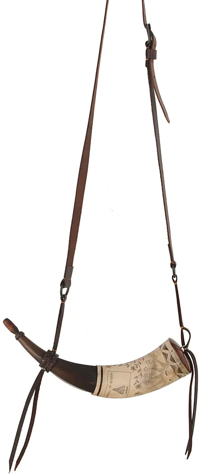 Powder Horn,
13", scrimshaw stalwart motto,
adjustable leather strap
