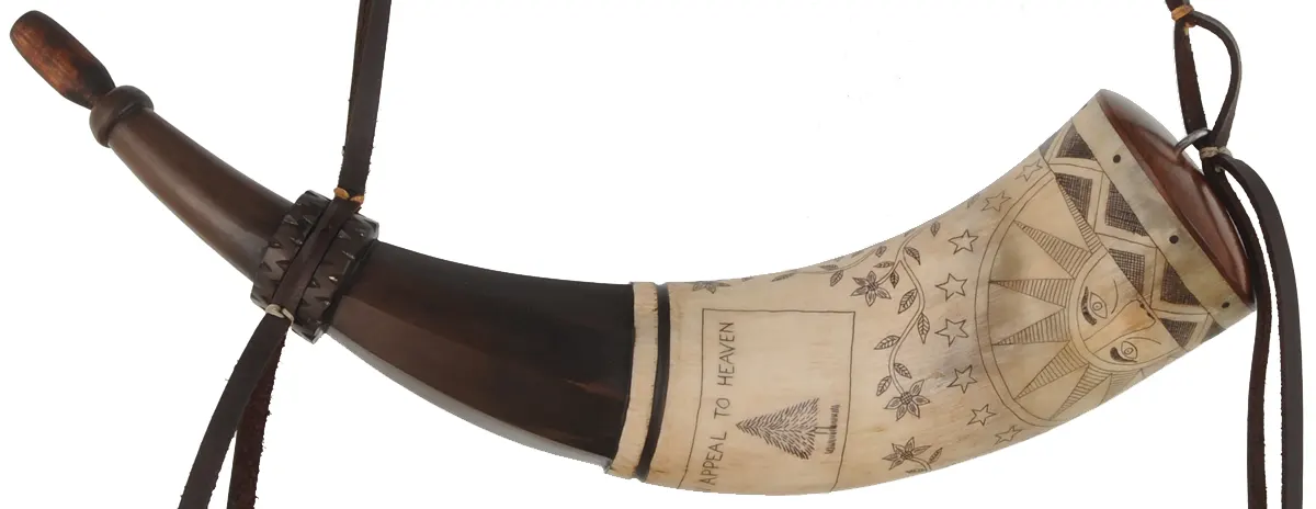 Powder Horn,
13", scrimshaw stalwart motto,
adjustable leather strap