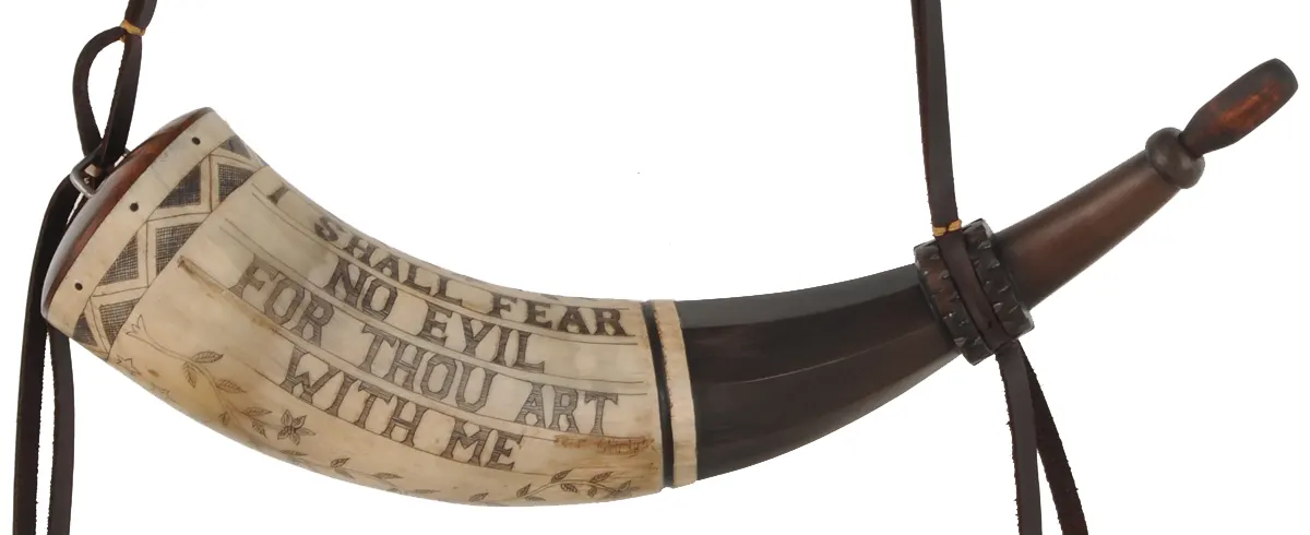 Powder Horn,
13", scrimshaw stalwart motto,
adjustable leather strap