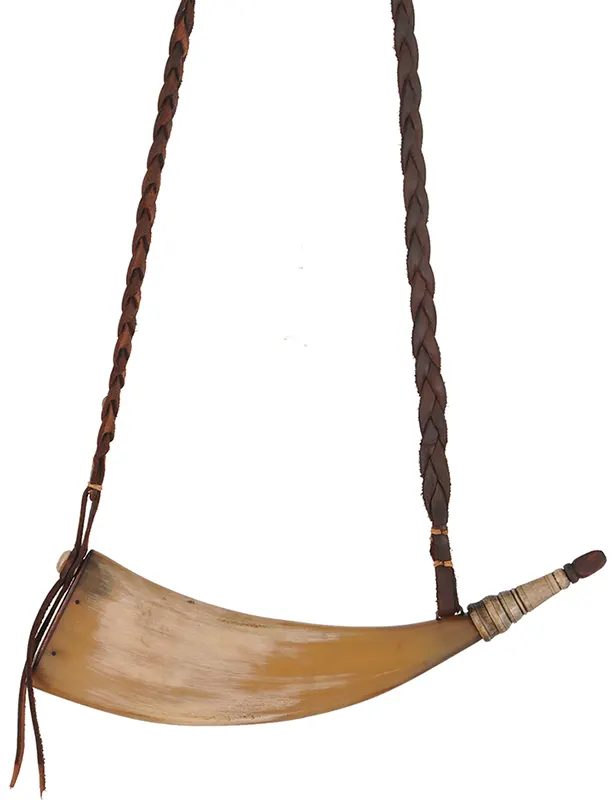 Flat Powder Horn,
11", turned antler tip, well finished,
braided leather strap
