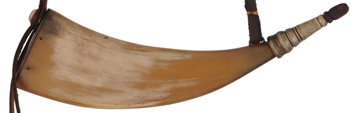 Flat Powder Horn,
11", turned antler tip, well finished,
braided leather strap