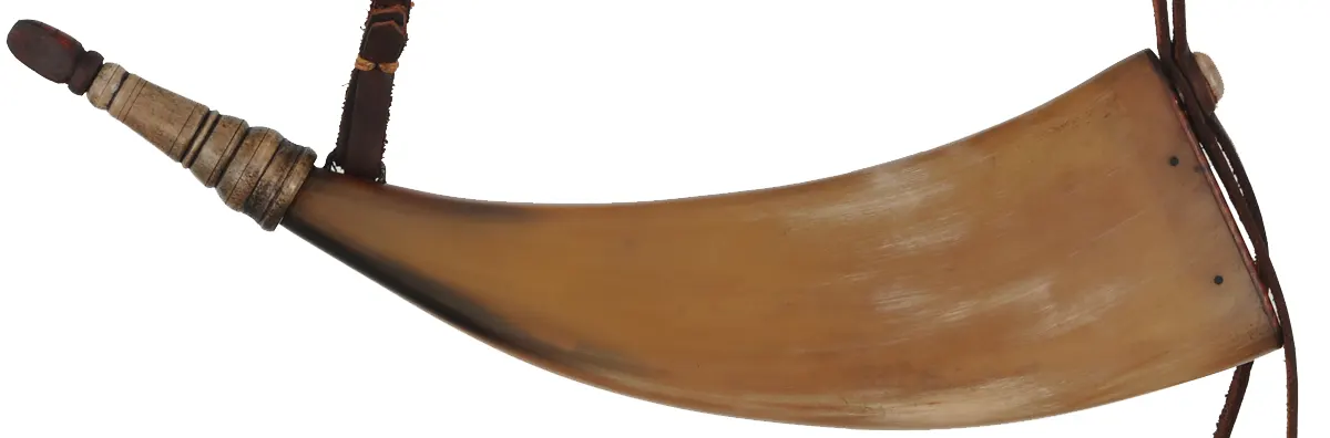 Flat Powder Horn,
11", turned antler tip, well finished,
braided leather strap