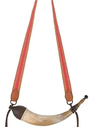 Powder Horn, 
14-1/2", turned screw tip,
beehive base, woven strap