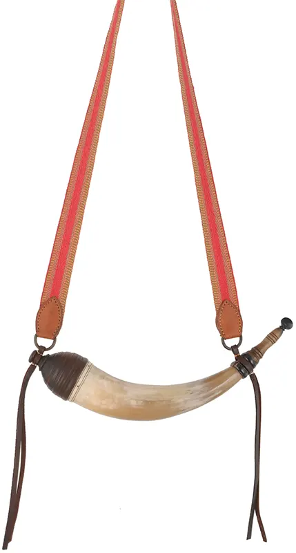 Powder Horn, 
14-1/2", turned screw tip,
beehive base, woven strap