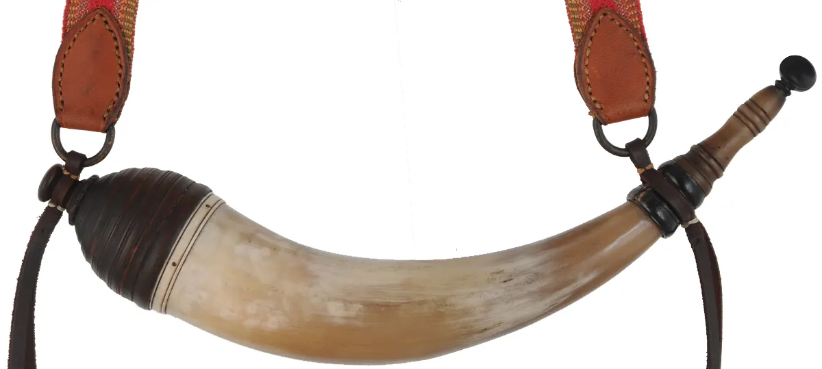 Powder Horn, 
14-1/2", turned screw tip,
beehive base, woven strap