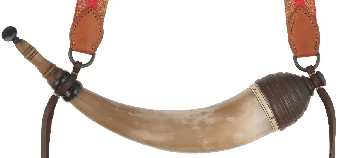 Powder Horn, 
14-1/2", turned screw tip,
beehive base, woven strap