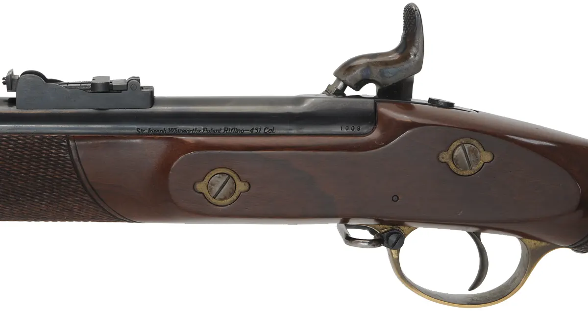 Parker Hale Whitworth Rifle,
.451 caliber hex bore, 36" barrel,
percussion, walnut, brass, 
used, with accessories, by Parker Hale, England