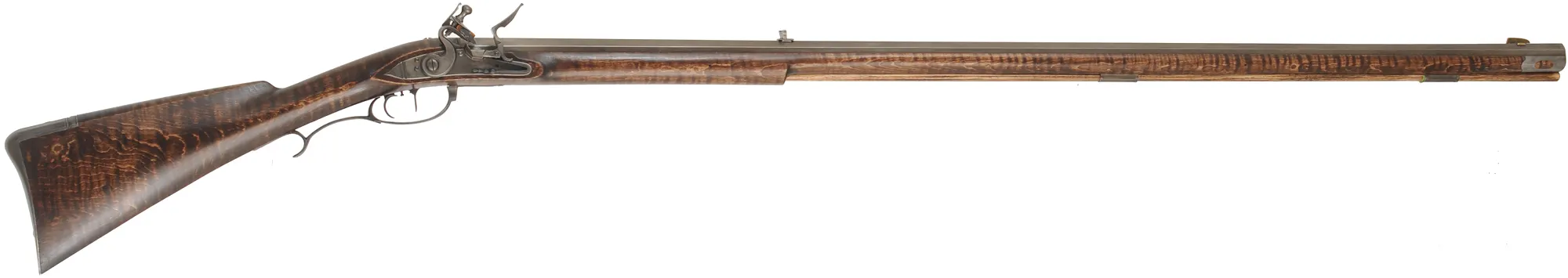 Virginia longrifle,
.54 caliber, 44" Rice swamped octagon barrel,
D. Johnson flintlock, maple, iron trim,
used, signed by L. Haarer