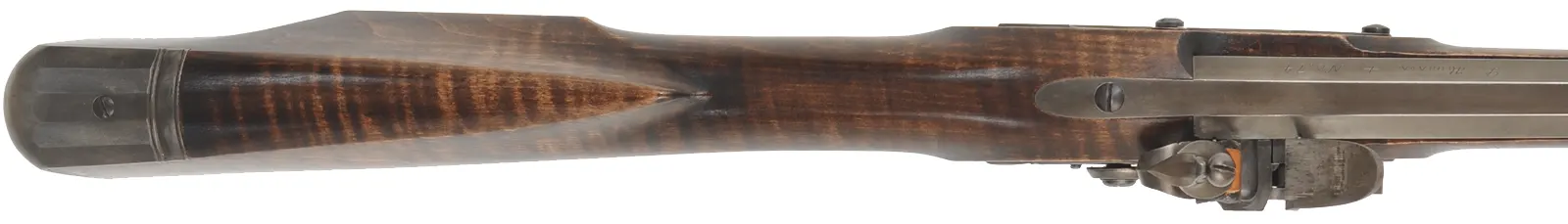 Virginia longrifle,
.54 caliber, 44" Rice swamped octagon barrel,
D. Johnson flintlock, maple, iron trim,
used, signed by L. Haarer