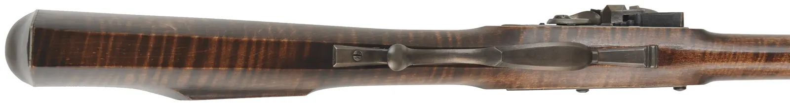 Virginia longrifle,
.54 caliber, 44" Rice swamped octagon barrel,
D. Johnson flintlock, maple, iron trim,
used, signed by L. Haarer