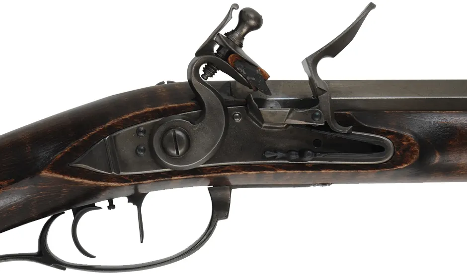 Virginia longrifle,
.54 caliber, 44" Rice swamped octagon barrel,
D. Johnson flintlock, maple, iron trim,
used, signed by L. Haarer