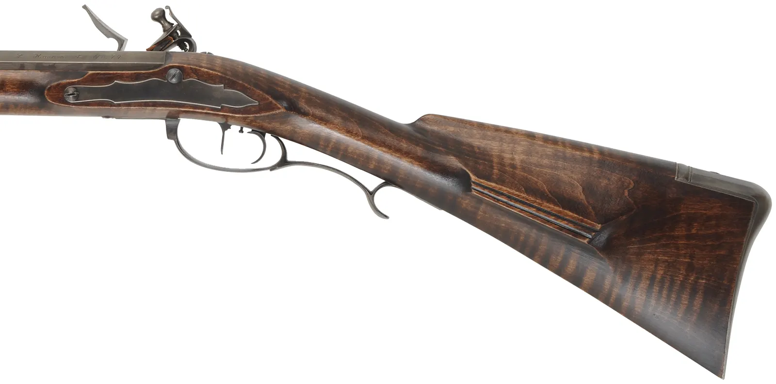 Virginia longrifle,
.54 caliber, 44" Rice swamped octagon barrel,
D. Johnson flintlock, maple, iron trim,
used, signed by L. Haarer