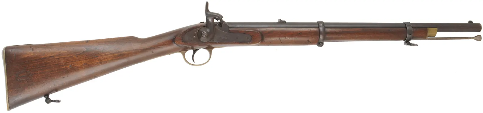 Antique Contract Musketoon,
.577 caliber, 22" barrel,
beech, brass, blued, 
percussion lock marked Barnett London
