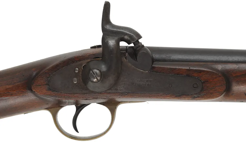 Antique Contract Musketoon,
.577 caliber, 22" barrel,
beech, brass, blued, 
percussion lock marked Barnett London