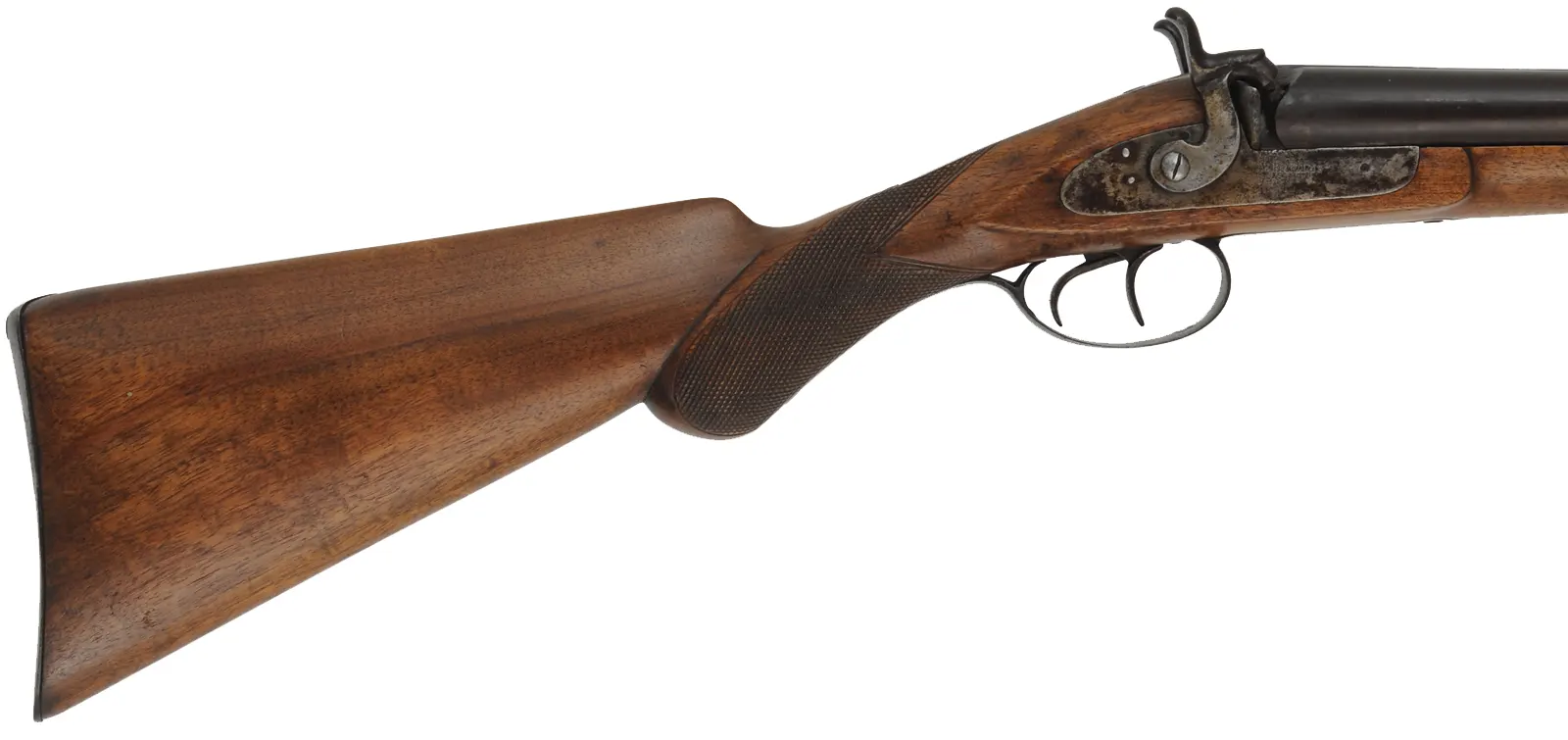 Double Barrel Shotgun,
11 gauge, 28" barrels,
front action percussion locks, pistol grip, walnut,
marked W. Richards