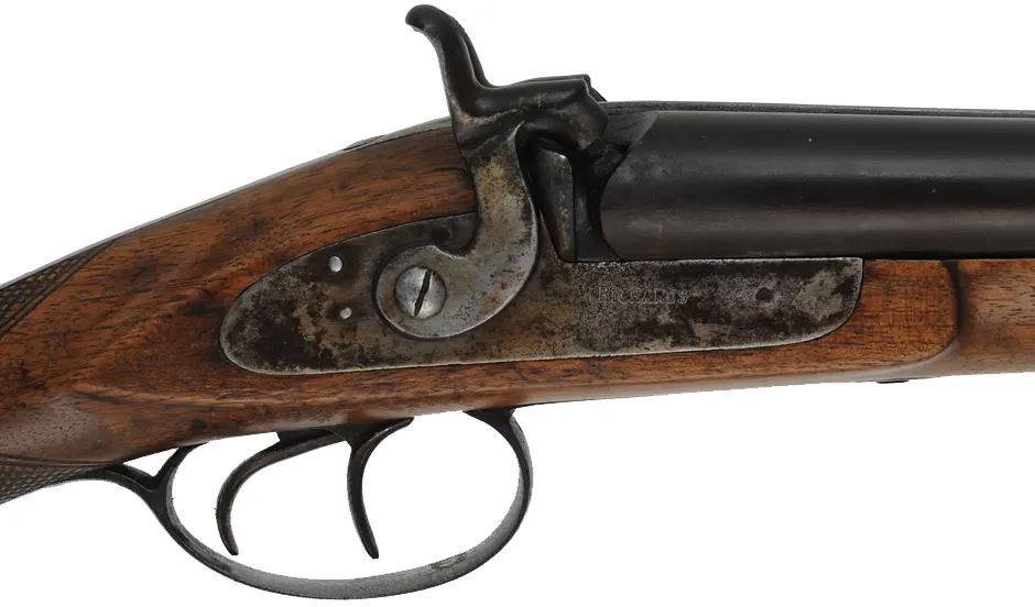 Double Barrel Shotgun,
11 gauge, 28" barrels,
front action percussion locks, pistol grip, walnut,
marked W. Richards