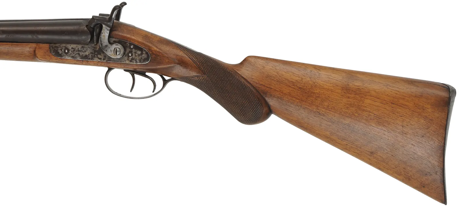 Double Barrel Shotgun,
11 gauge, 28" barrels,
front action percussion locks, pistol grip, walnut,
marked W. Richards