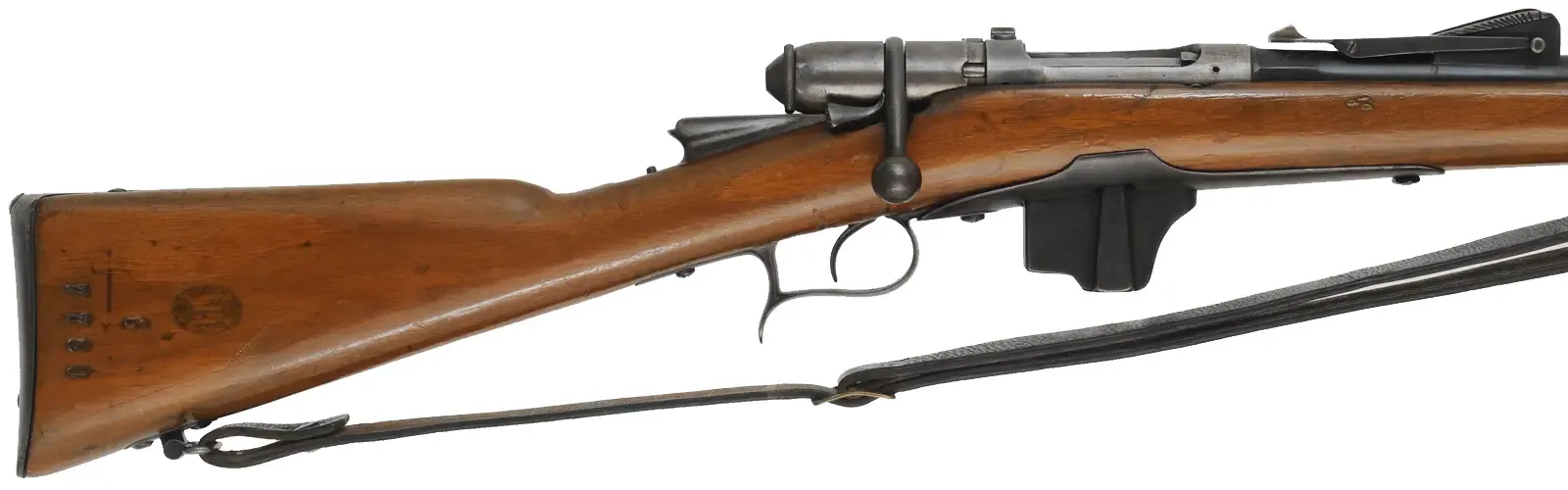 Italian Vetterli- Vitali Model 1870/87 Bolt Action Rifle,
caliber 10.35 x 47R mm centerfire, 34" barrel,
walnut, missing cleaning rod, sling & bayonet, antique 