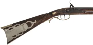 Bedford County Longrifle,
.45 caliber, 42" De Haas barrel,
L&R percussion lock, curly maple, nickel silver trim,
used, signed by D. Antkioak