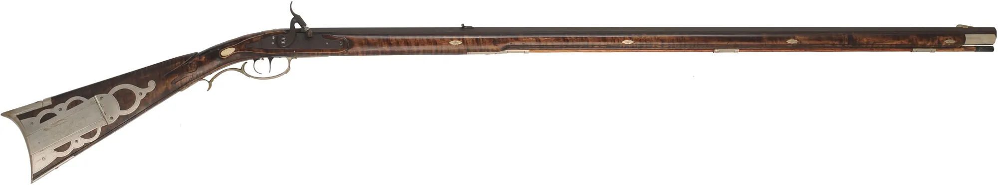 Bedford County Longrifle,
.45 caliber, 42" De Haas barrel,
L&R percussion lock, curly maple, nickel silver trim,
used, signed by D. Antkioak
