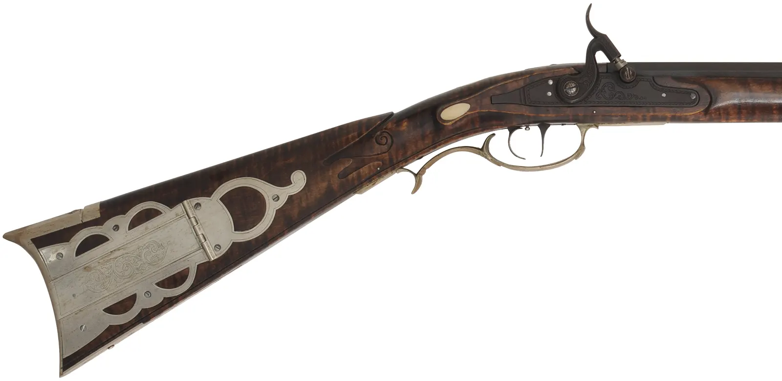 Bedford County Longrifle,
.45 caliber, 42" De Haas barrel,
L&R percussion lock, curly maple, nickel silver trim,
used, signed by D. Antkioak