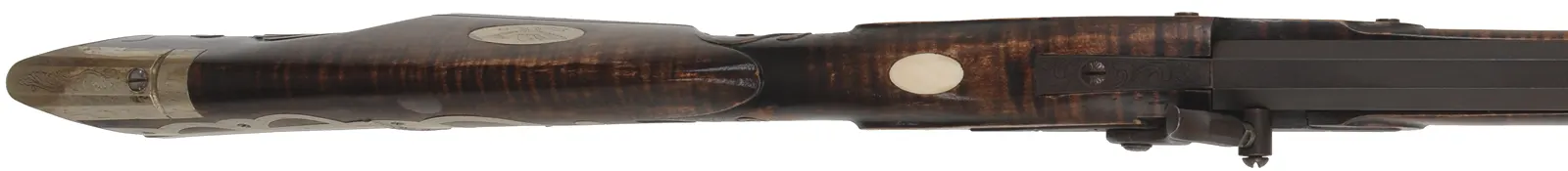 Bedford County Longrifle,
.45 caliber, 42" De Haas barrel,
L&R percussion lock, curly maple, nickel silver trim,
used, signed by D. Antkioak