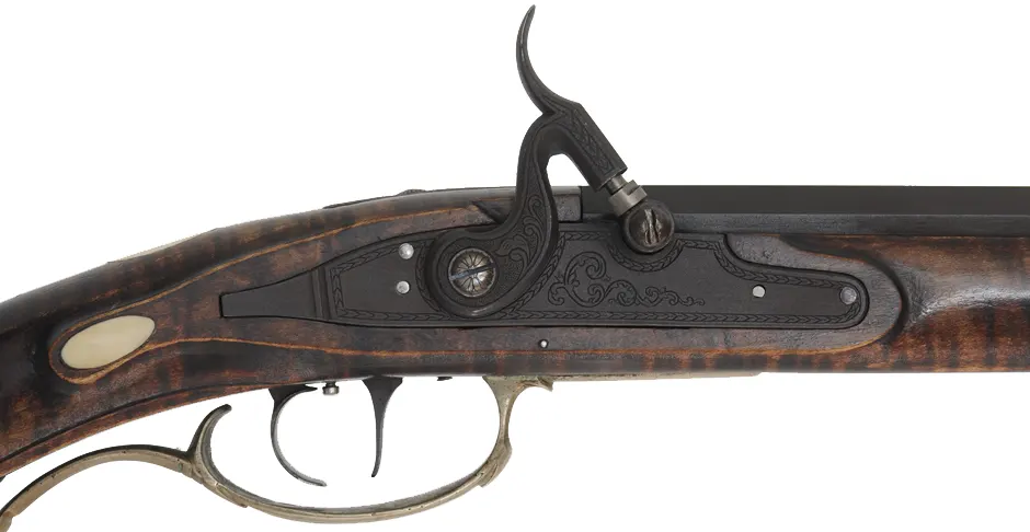 Bedford County Longrifle,
.45 caliber, 42" De Haas barrel,
L&R percussion lock, curly maple, nickel silver trim,
used, signed by D. Antkioak