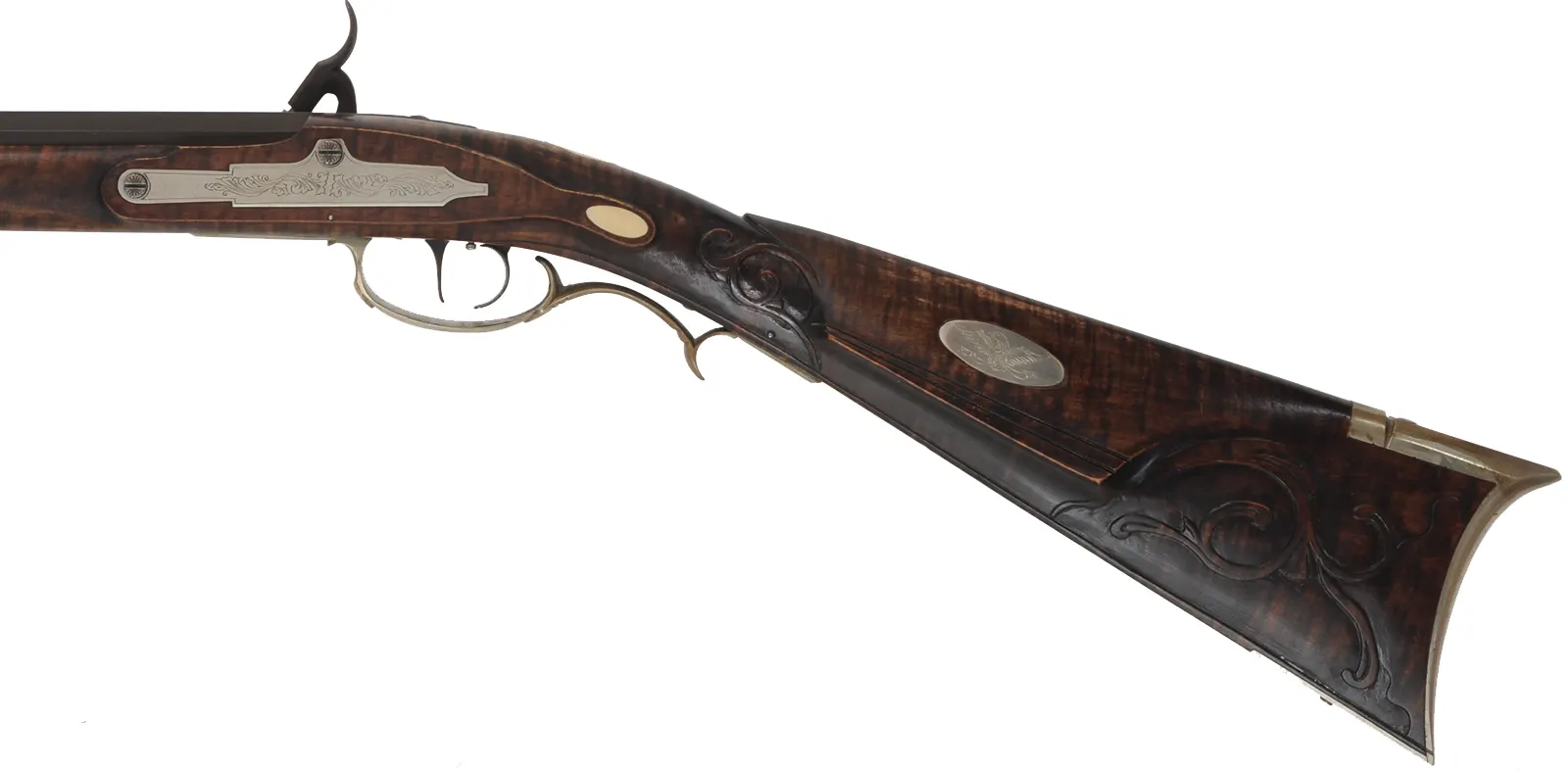 Bedford County Longrifle,
.45 caliber, 42" De Haas barrel,
L&R percussion lock, curly maple, nickel silver trim,
used, signed by D. Antkioak