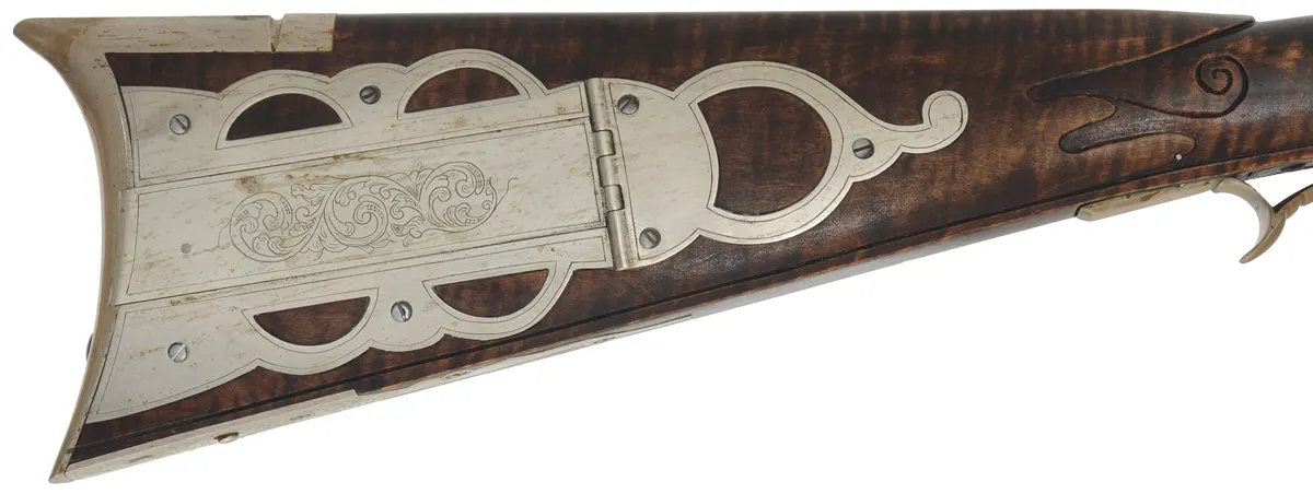 Bedford County Longrifle,
.45 caliber, 42" De Haas barrel,
L&R percussion lock, curly maple, nickel silver trim,
used, signed by D. Antkioak