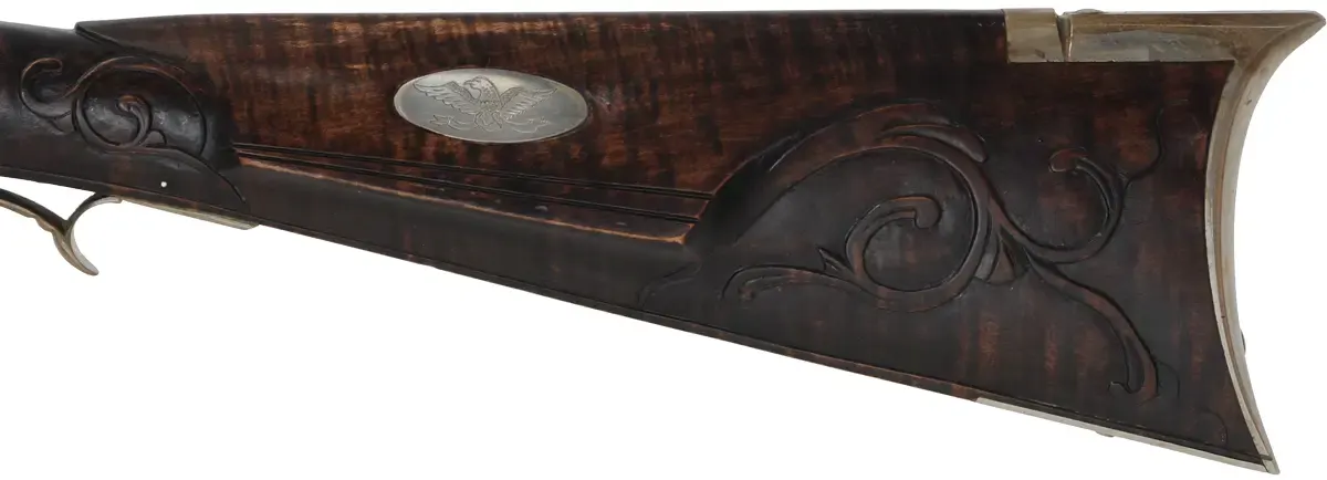Bedford County Longrifle,
.45 caliber, 42" De Haas barrel,
L&R percussion lock, curly maple, nickel silver trim,
used, signed by D. Antkioak