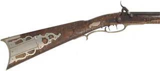 Bedford County Longrifle,
.40 caliber, 44" tapered barrel,
L&R percussion lock, curly maple, nickel silver trim,
used, signed by G. Bowman