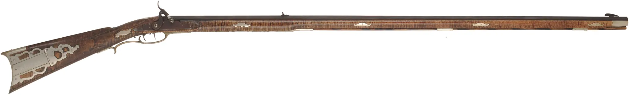 Bedford County Longrifle,
.40 caliber, 44" tapered barrel,
L&R percussion lock, curly maple, nickel silver trim,
used, signed by G. Bowman