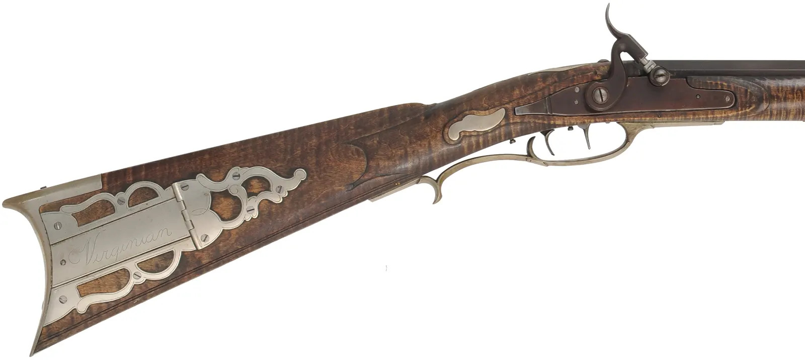Bedford County Longrifle,
.40 caliber, 44" tapered barrel,
L&R percussion lock, curly maple, nickel silver trim,
used, signed by G. Bowman