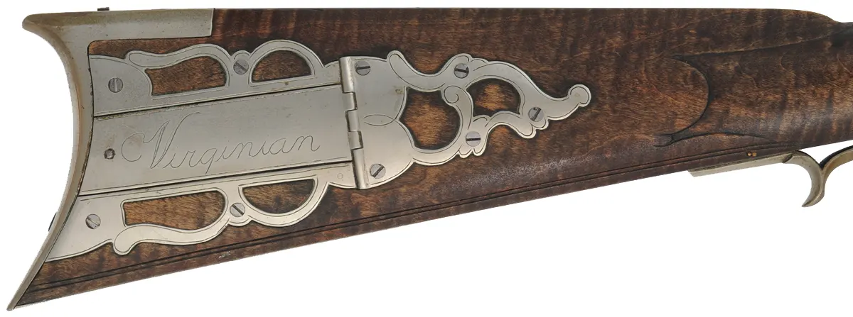 Bedford County Longrifle,
.40 caliber, 44" tapered barrel,
L&R percussion lock, curly maple, nickel silver trim,
used, signed by G. Bowman