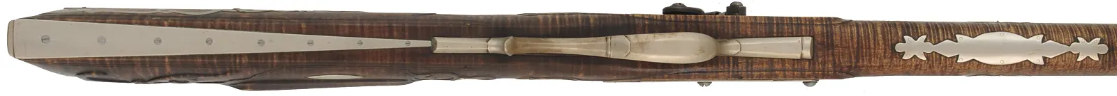 Bedford County Longrifle,
.40 caliber, 44" tapered barrel,
L&R percussion lock, curly maple, nickel silver trim,
used, signed by G. Bowman