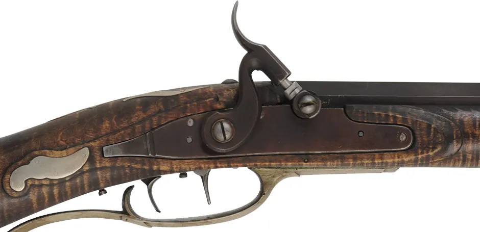 Bedford County Longrifle,
.40 caliber, 44" tapered barrel,
L&R percussion lock, curly maple, nickel silver trim,
used, signed by G. Bowman
