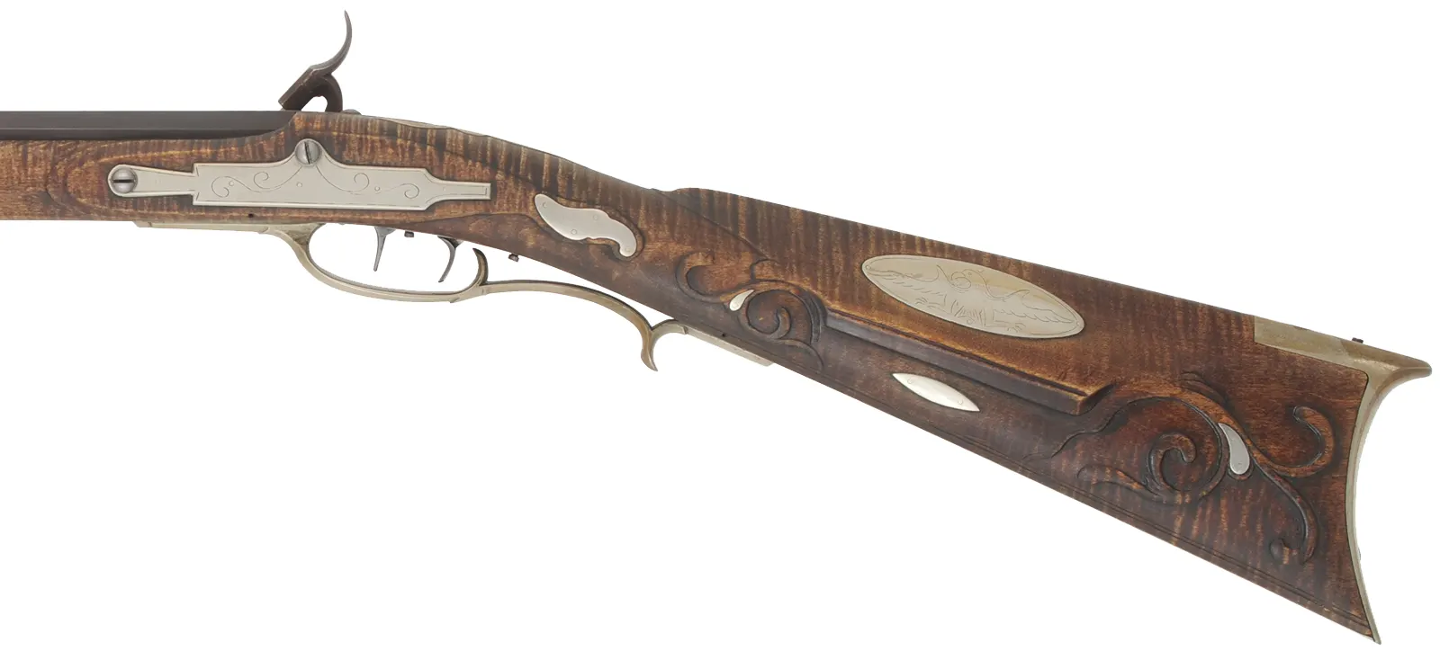 Bedford County Longrifle,
.40 caliber, 44" tapered barrel,
L&R percussion lock, curly maple, nickel silver trim,
used, signed by G. Bowman