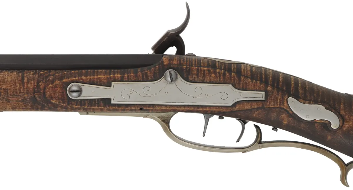 Bedford County Longrifle,
.40 caliber, 44" tapered barrel,
L&R percussion lock, curly maple, nickel silver trim,
used, signed by G. Bowman