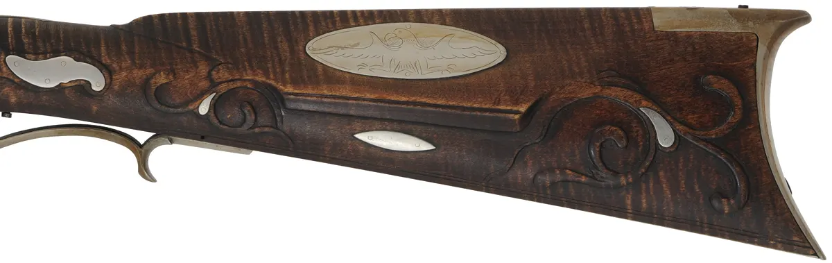 Bedford County Longrifle,
.40 caliber, 44" tapered barrel,
L&R percussion lock, curly maple, nickel silver trim,
used, signed by G. Bowman