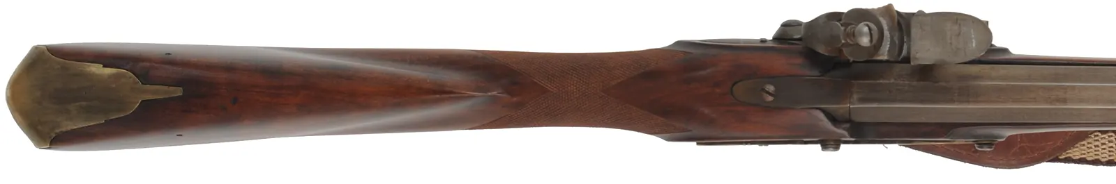 Left Hand New England Fowler, 
20 gauge turkey choke, 38" octagon to round barrel,
L&R Queen Anne flintlock, checkered cherry, brass 
used, marked B. Barrows