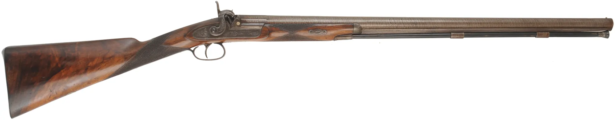 Antique English Fowling Gun
15 gauge, 27-5/8" tapered round barrel, 
percussion, checkered walnut, iron,
by I. Hollis & Sons