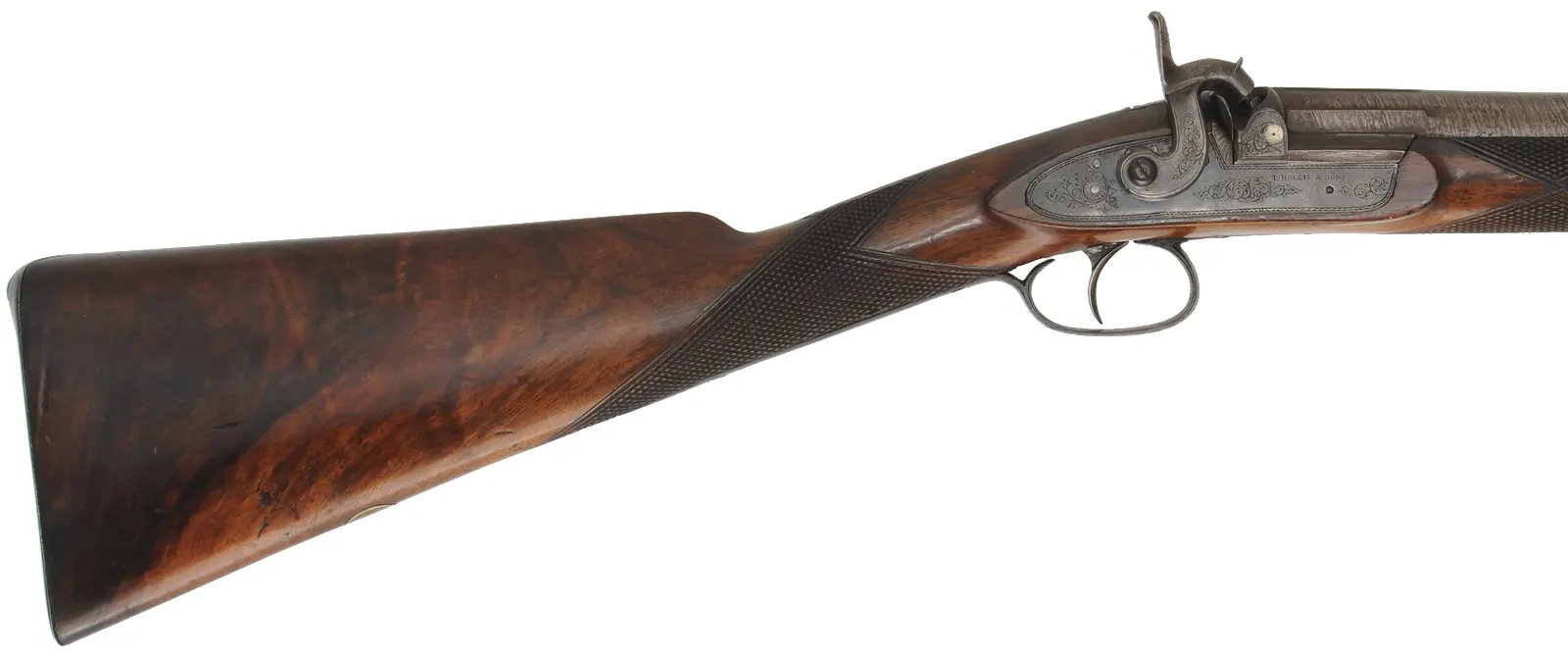 Antique English Fowling Gun
15 gauge, 27-5/8" tapered round barrel, 
percussion, checkered walnut, iron,
by I. Hollis & Sons