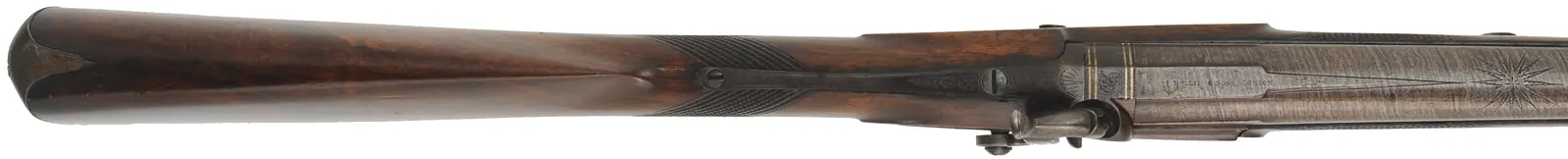 Antique English Fowling Gun
15 gauge, 27-5/8" tapered round barrel, 
percussion, checkered walnut, iron,
by I. Hollis & Sons