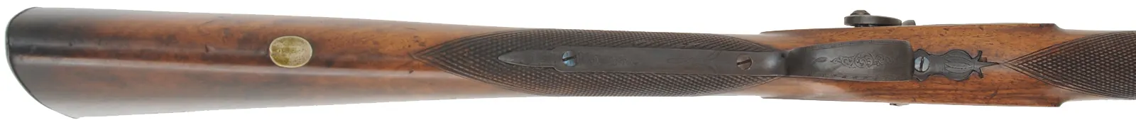Antique English Fowling Gun
15 gauge, 27-5/8" tapered round barrel, 
percussion, checkered walnut, iron,
by I. Hollis & Sons
