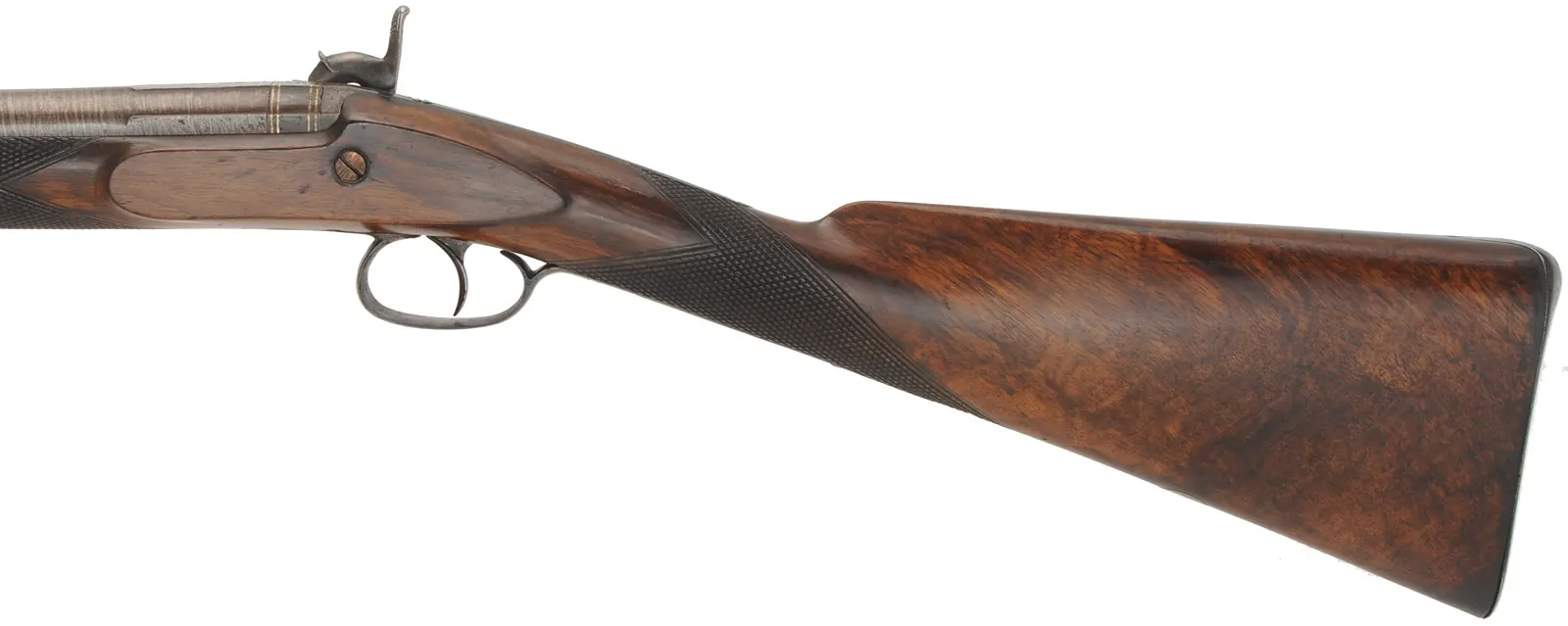 Antique English Fowling Gun
15 gauge, 27-5/8" tapered round barrel, 
percussion, checkered walnut, iron,
by I. Hollis & Sons