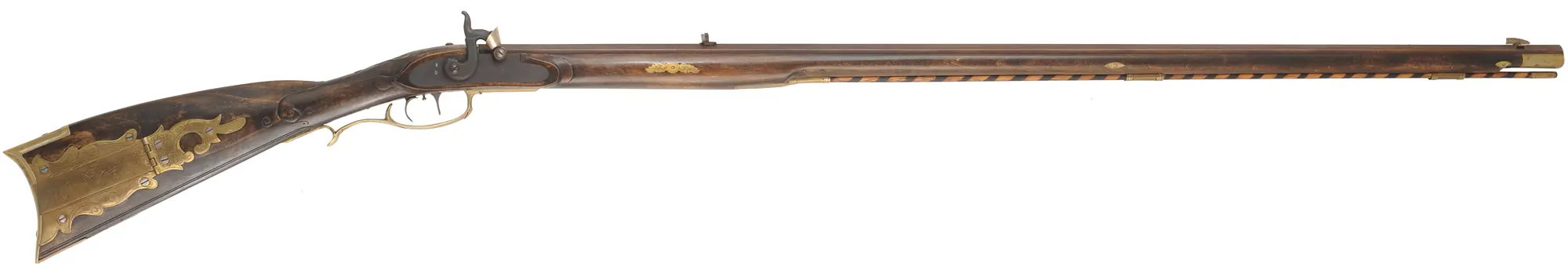 Pennsylvania Longrifle
.36 caliber, 42" Green Mountain barrel,
L&R percussion lock, maple, brass, engraved, used