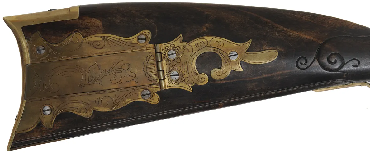 Pennsylvania Longrifle
.36 caliber, 42" Green Mountain barrel,
L&R percussion lock, maple, brass, engraved, used