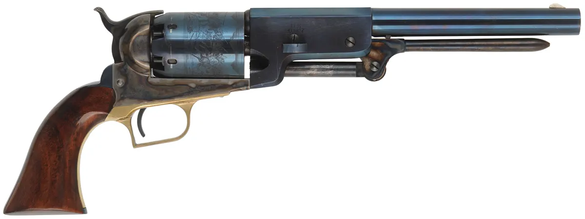 Model 1847 Colt Walker revolver,
.44 caliber, 9" barrel,
percussion, fire blue finish, walnut grips,
leather flap holster, used, by Aldo Uberti