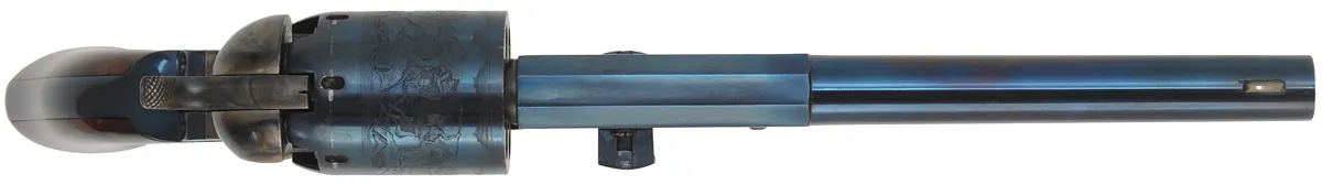 Model 1847 Colt Walker revolver,
.44 caliber, 9" barrel,
percussion, fire blue finish, walnut grips,
leather flap holster, used, by Aldo Uberti